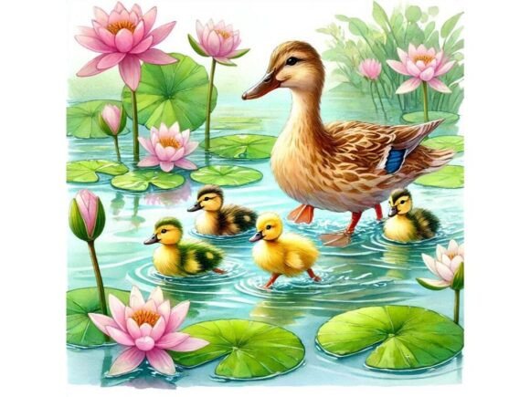 Capturing Nature's Charm: The Mother Duck Leading Her Ducklings Illustration