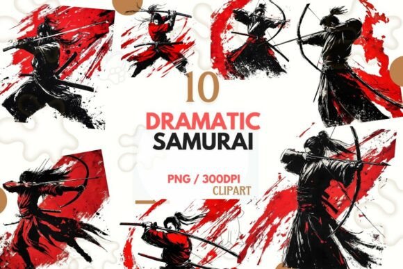 Dramatic Samurai Watercolor Clipart PNG: Bold Ink-Style Assets