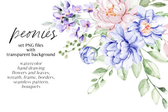 Floral Watercolor Set. Flowers Peonies. Design Assets