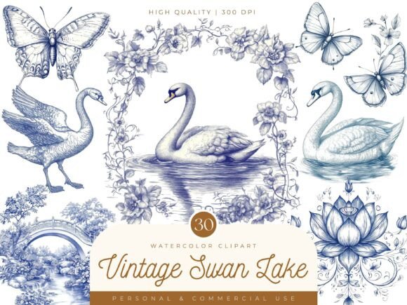 Graceful Design Assets: The Vintage Swan Lake Clipart Bundle