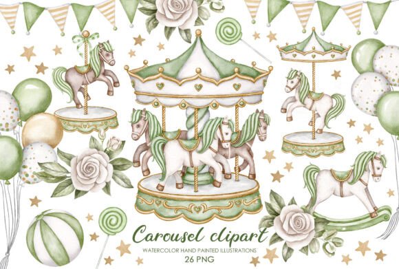 Green Nursery Carousel Horses Clipart for Creative Projects