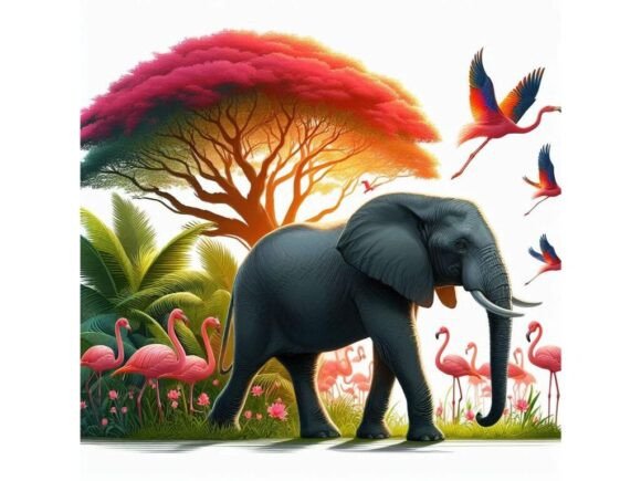 Realistic Elephant with Vibrant Flamingo: A Bold Design Asset
