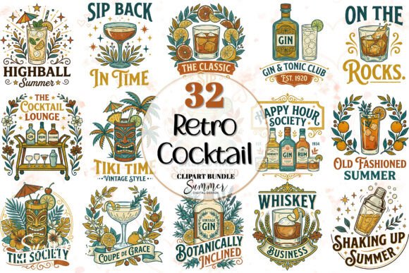 Summer Drinks Retro Cocktail Clipart: Vintage Design Assets