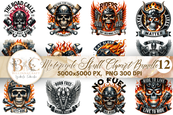 Unleash Raw Power with Motorcycle Skull Clipart Bundle PNG