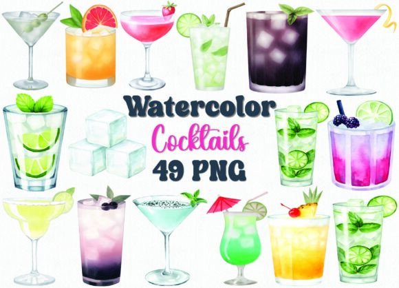 Vibrant Watercolor Cocktails Clipart Set: 49 PNGs
