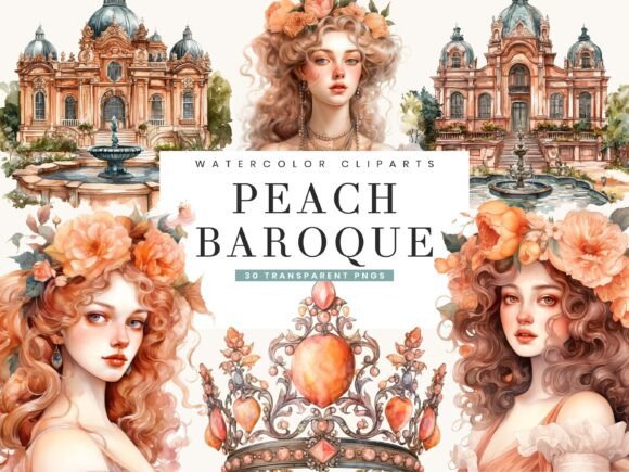 Watercolor Peach Baroque Clipart Bundle: Elevate Your Designs